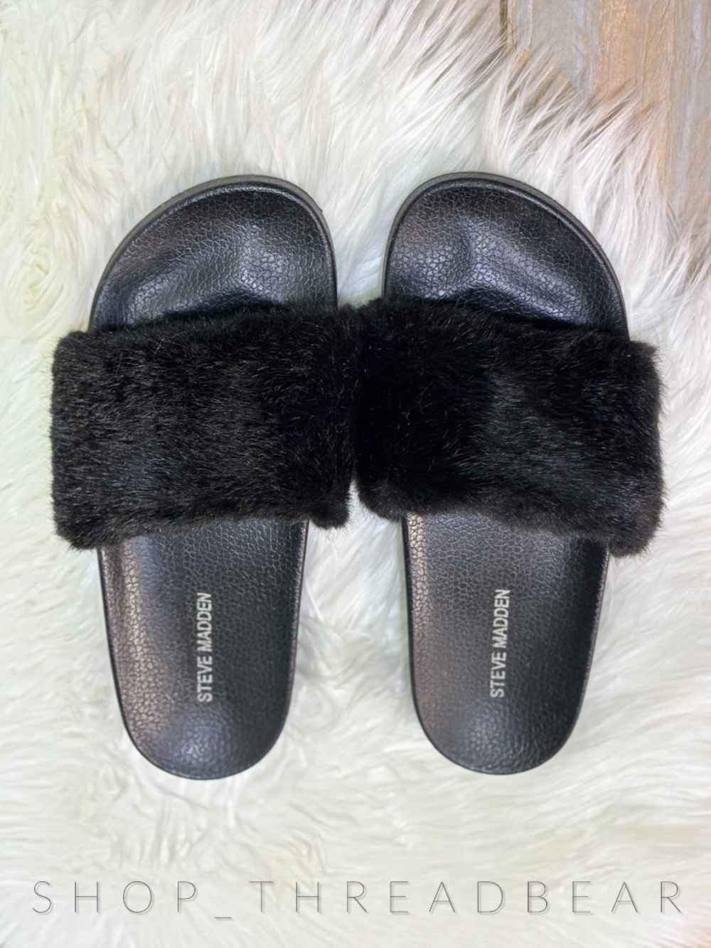 Like New [Steve Madden] Black Faux Fur Y2K Slides Slip On Furry Sandals | 37 · 7